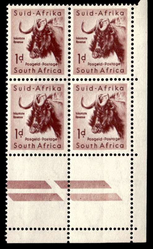 RSA 1954/10/14 Definitive issue 1d Black Wildebeest Two broken bars Wmk MSH