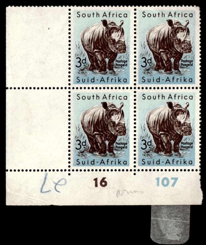 RSA 1954/10/14 Definitive issue 3d White Rhinoceros Cyl No. 16 107 Wmk COA