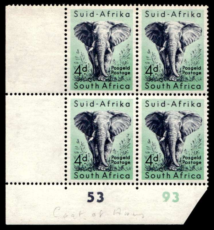 RSA 1954/10/14 Definitive issue 4d African Elephant Cyl No. 53 93 Wmk MSH