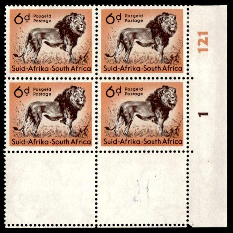 RSA 1954/10/14 Definitive issue 6d Lion Cyl No. 1 121 Wmk MSH