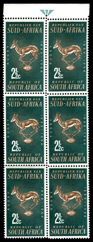 RSA 1964/05/08 75th Anniversary of S.A. Rugby Board 2½c *6 stamps Arrow block
