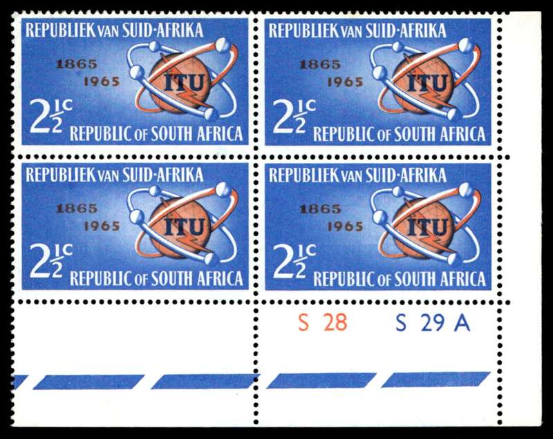 RSA 1965/05/17 I.T.U. Centenary emblem and satellites 2½c Cyl. No S28 S29A