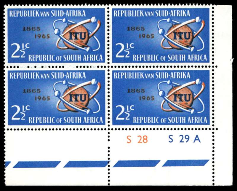 RSA 1965/05/17 I.T.U. Centenary emblem and satellites 2½c Cyl. No S28 S29A