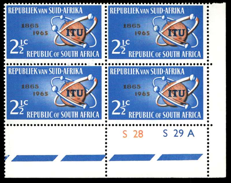 RSA 1965/05/17 I.T.U. Centenary emblem and satellites 2½c Cyl. No S28 S29A