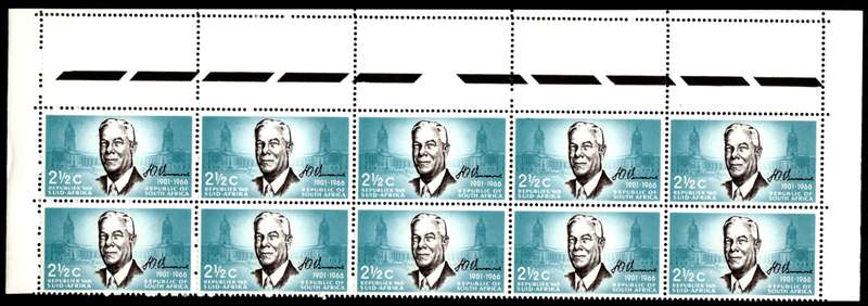 RSA 1966/12/06 Verwoerd Commemoration 2½c *10 Stamps Arrow block
