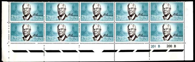 RSA 1966/12/06 Verwoerd Commemoration 2½c Cyl No 201 200B *10 Stamps Arrow block