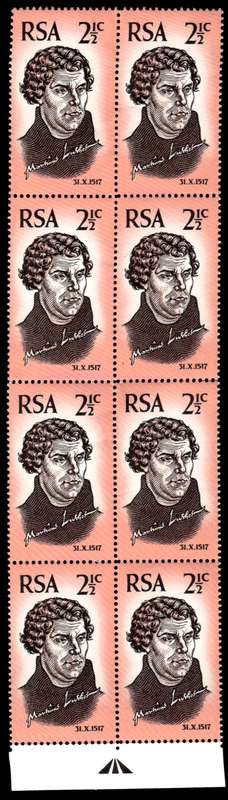 RSA 1967/10/31 450th Anniversary of Reformation 2½c *8 stamps Arrow block