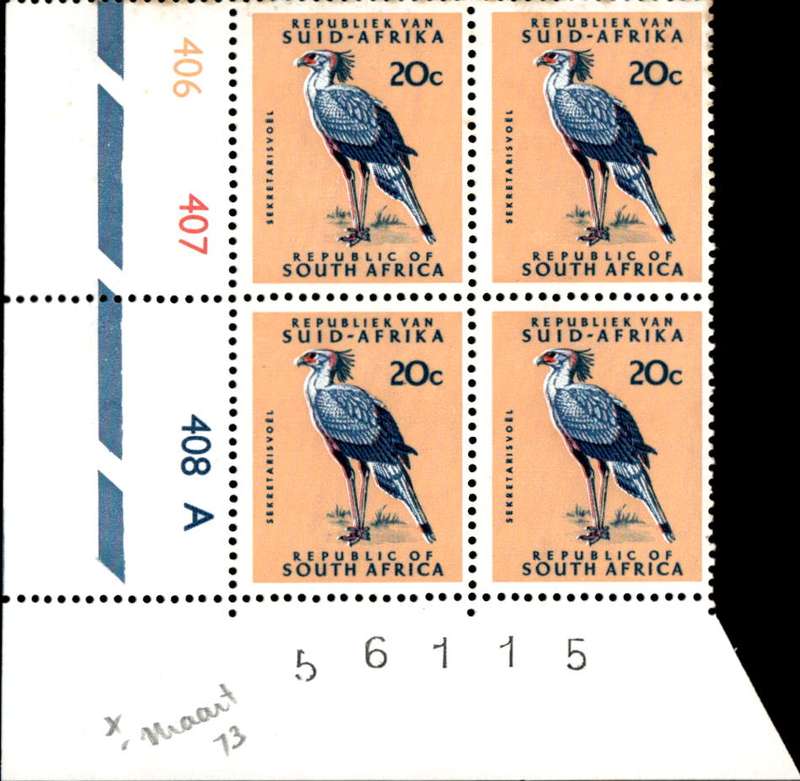 RSA 1971/11 Definitive Issue 20c Cyl. No 406 407 408A