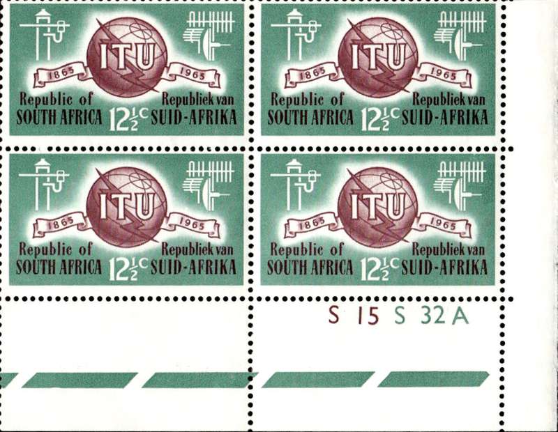 RSA 1965/05/17 I.T.U. Centenary emblem and symbols 12½c Cyl. No S15 S32A
