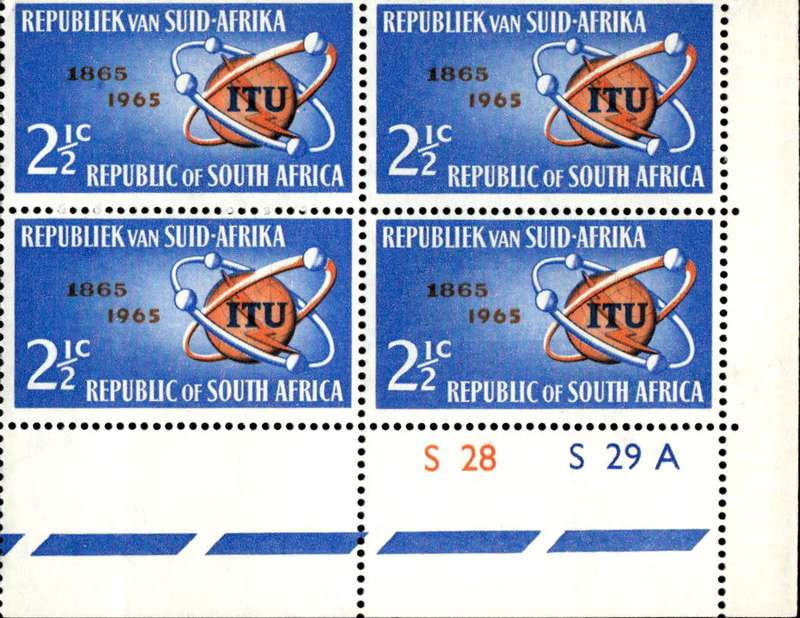 RSA 1965/05/17 I.T.U. Centenary emblem and satellites 2½c Cyl. No S28 S29A