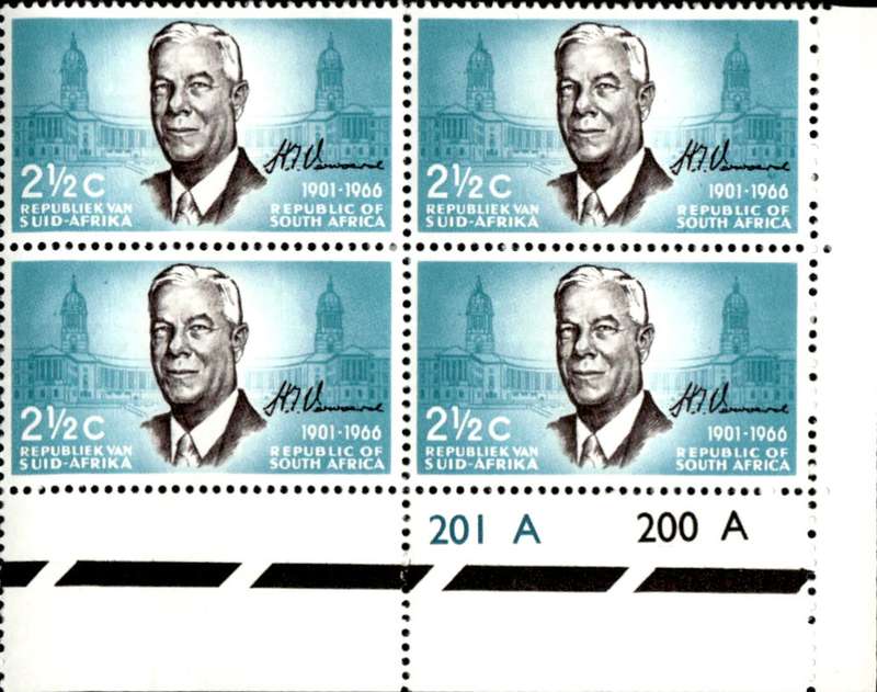 RSA 1966/12/06 Verwoerd Commemoration 2½c Cyl No 201 200A