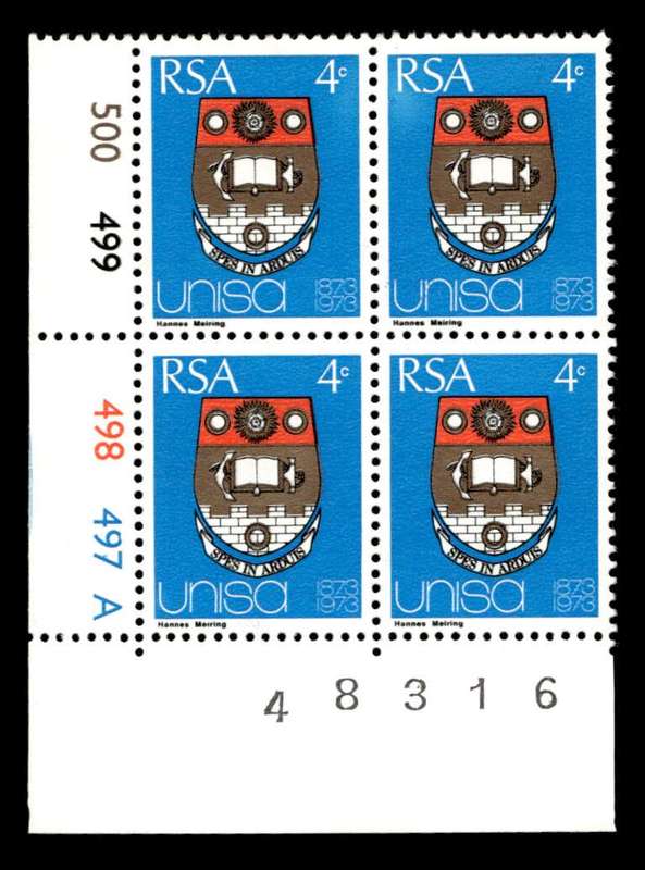 RSA 1973/04/02 Centenary of Unisa 4c Cyl No 500 499 498 497A