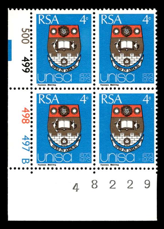 RSA 1973/04/02 Centenary of Unisa 4c Cyl No 500 499 498 497B