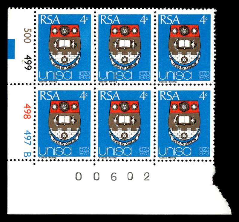 RSA 1973/04/02 Centenary of Unisa 4c Cyl No 500 499 498 497B