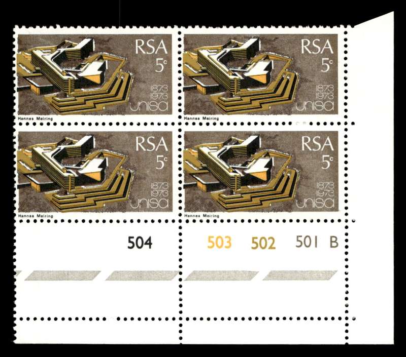 RSA 1973/04/02 Centenary of Unisa 5c Cyl No 504 503 502 501B