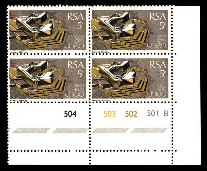 RSA 1973/04/02 Centenary of Unisa 5c Cyl No 504 503 502 501B
