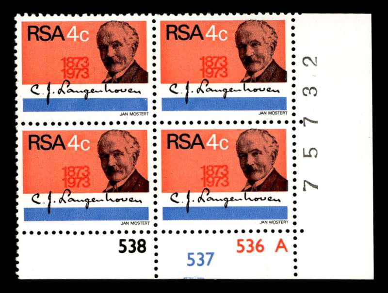 RSA 1973/08/01 Birth Centenary of C. J. Langenhoven 4c Cyl No 538 537 536A