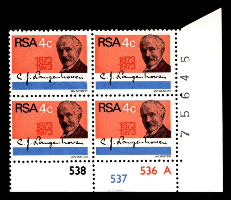 RSA 1973/08/01 Birth Centenary of C. J. Langenhoven 4c Cyl No 538 537 536A