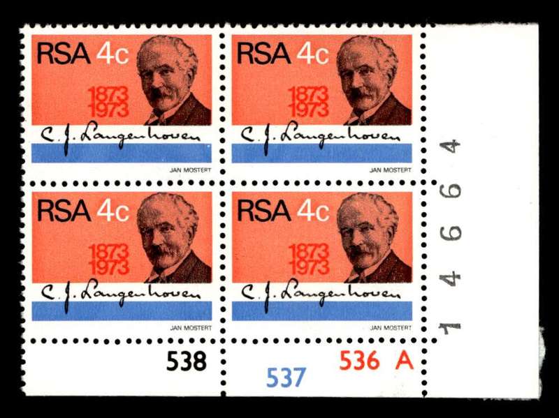 RSA 1973/08/01 Birth Centenary of C. J. Langenhoven 4c Cyl No 538 537 536A