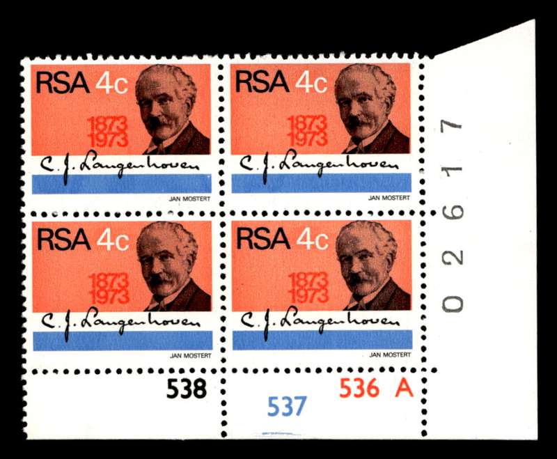RSA 1973/08/01 Birth Centenary of C. J. Langenhoven 4c Cyl No 538 537 536A