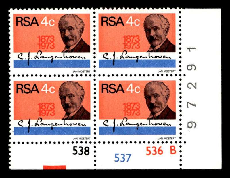 RSA 1973/08/01 Birth Centenary of C. J. Langenhoven 4c Cyl No 538 537 536B