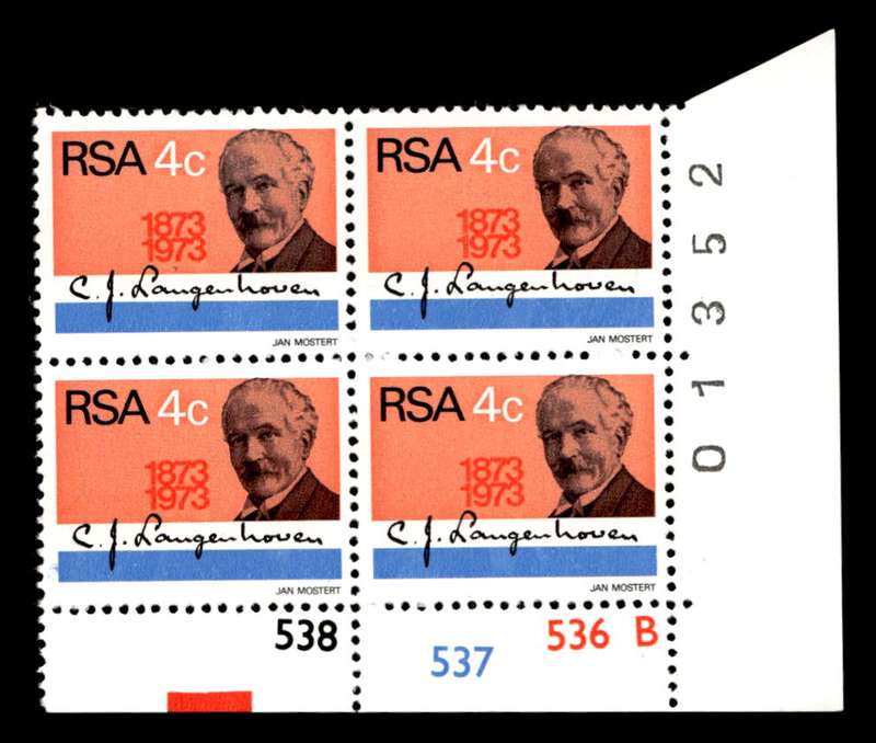 RSA 1973/08/01 Birth Centenary of C. J. Langenhoven 4c Cyl No 538 537 536B