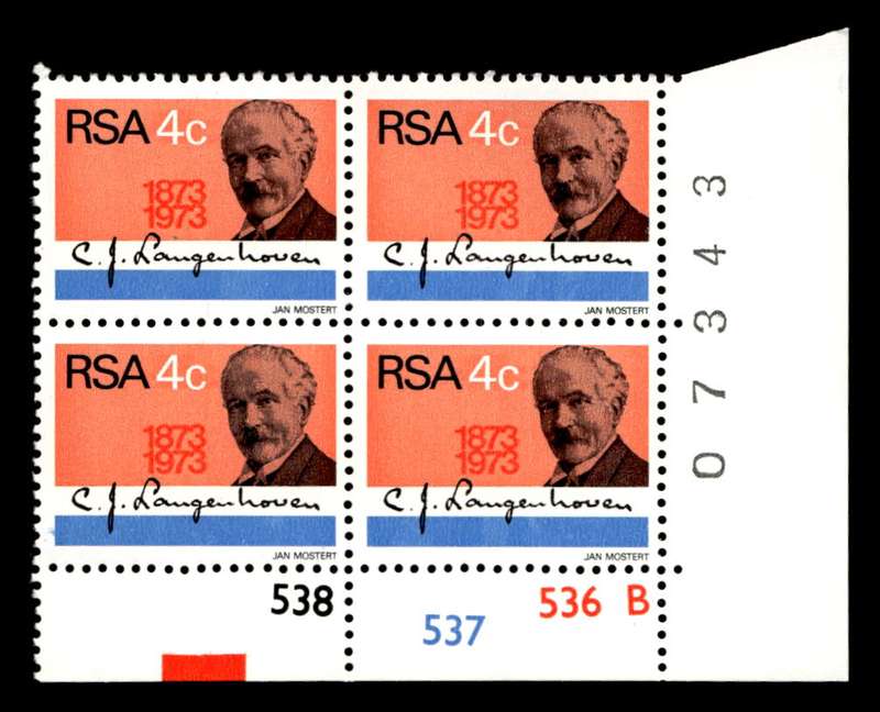 RSA 1973/08/01 Birth Centenary of C. J. Langenhoven 4c Cyl No 538 537 536B