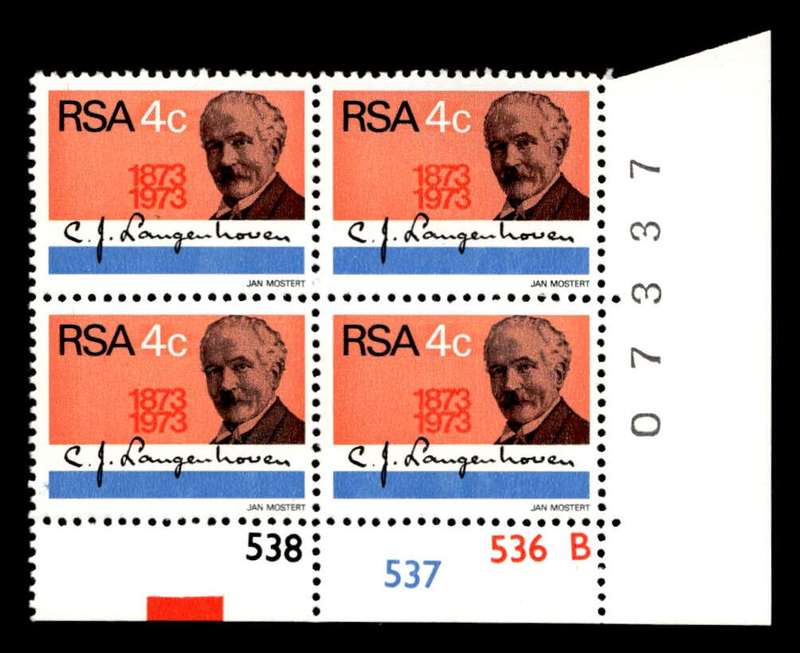 RSA 1973/08/01 Birth Centenary of C. J. Langenhoven 4c Cyl No 538 537 536B