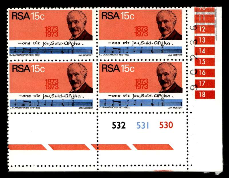 RSA 1973/08/01 Birth Centenary of C. J. Langenhoven 15c Cyl No 532 531 530