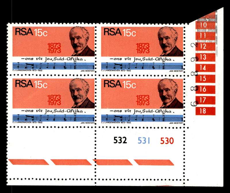 RSA 1973/08/01 Birth Centenary of C. J. Langenhoven 15c Cyl No 532 531 530