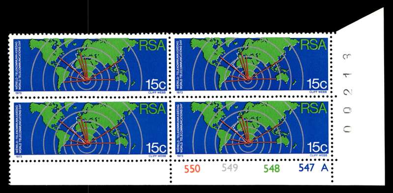 RSA 1973/10/01 World Telecommunications Day 15c Cyl No 550 549 548 547A