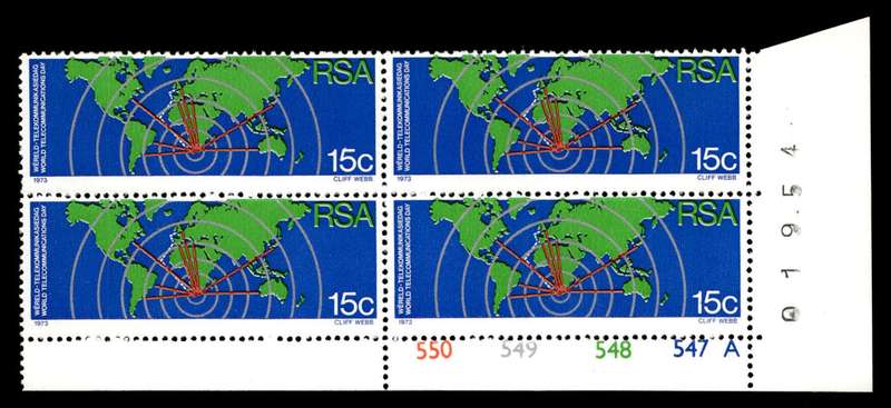 RSA 1973/10/01 World Telecommunications Day 15c Cyl No 550 549 548 547A