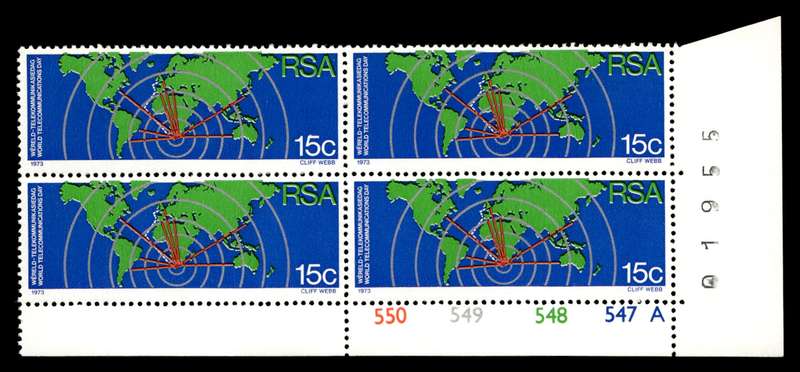 RSA 1973/10/01 World Telecommunications Day 15c Cyl No 550 549 548 547A