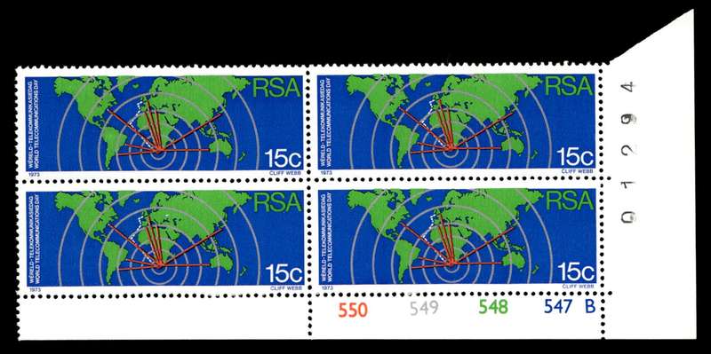 RSA 1973/10/01 World Telecommunications Day 15c Cyl No 550 549 548 547B