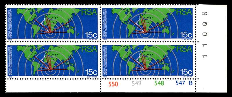 RSA 1973/10/01 World Telecommunications Day 15c Cyl No 550 549 548 547B