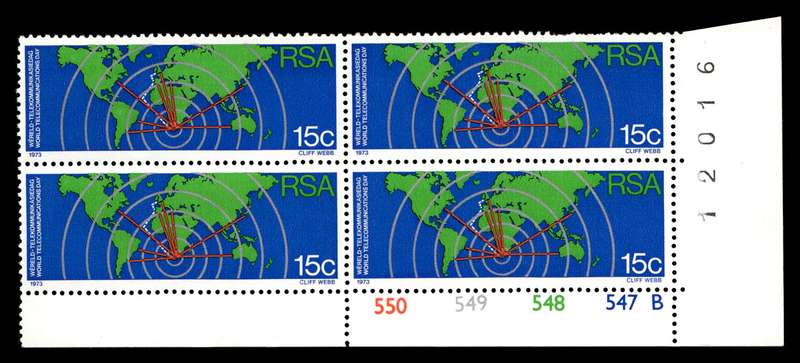 RSA 1973/10/01 World Telecommunications Day 15c Cyl No 550 549 548 547B