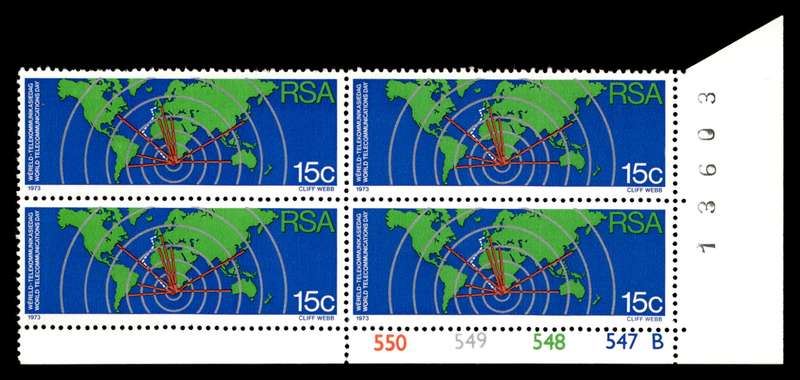 RSA 1973/10/01 World Telecommunications Day 15c Cyl No 550 549 548 547B