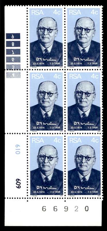 RSA 1974/05/22 Birth Centenary of Prime Minister D.F. Malan 4c Control Blocks