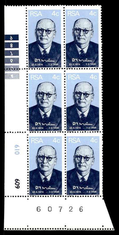 RSA 1974/05/22 Birth Centenary of Prime Minister D.F. Malan 4c Control Blocks