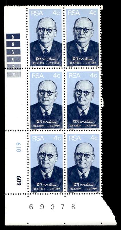 RSA 1974/05/22 Birth Centenary of Prime Minister D.F. Malan 4c Control Blocks