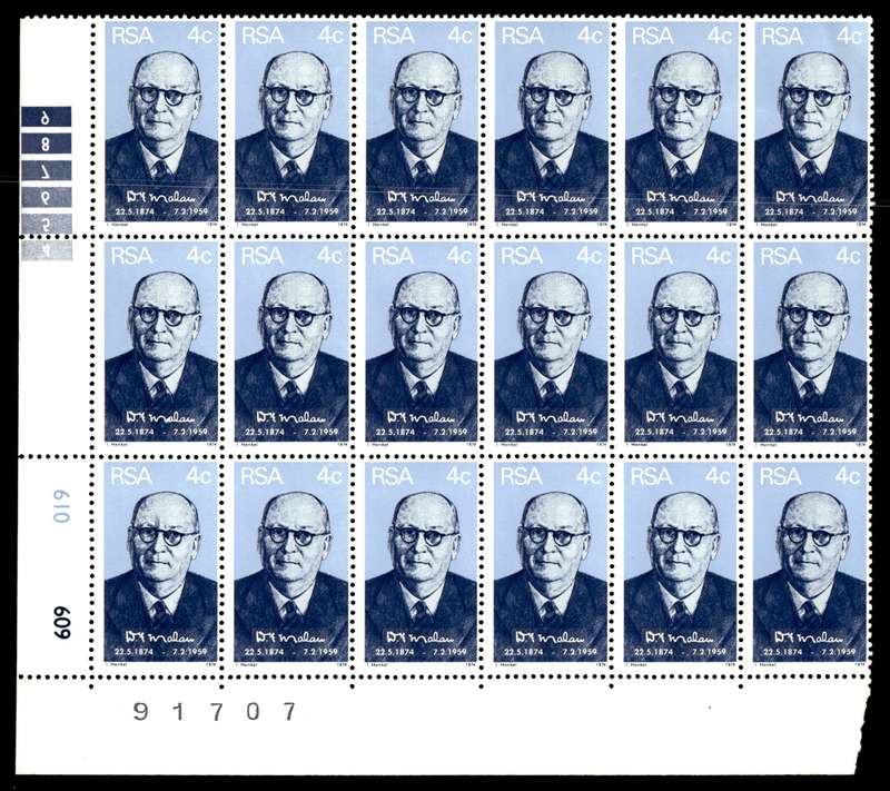RSA 1974/05/22 Birth Centenary of Prime Minister D.F. Malan 4c Control Blocks *18 blocks