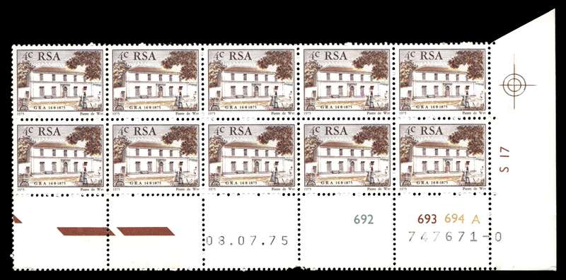 RSA 1975/07/08 Centenary of "Genootskap van Regte Afrikaaners" 4c Cyl no 692 693 694A *10 stamps