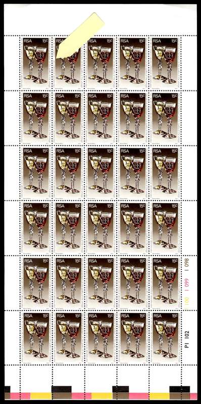 RSA 1977/02/14 International Wine Symposium *Complete sheet of 30 stamps / Plate flaw "die" omitted