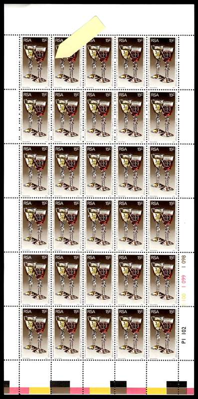 RSA 1977/02/14 International Wine Symposium *Complete sheet of 30 stamps / Plate flaw "die" omitted