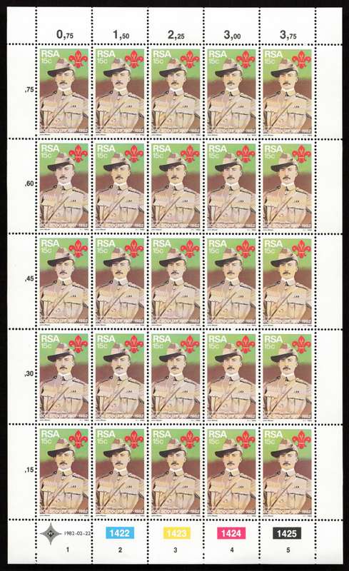 RSA 1982/02/22 75th Anniversary of Boy Scout Movement 15c Cyl 1422 - 1425 *Complete sheet 25 stamps