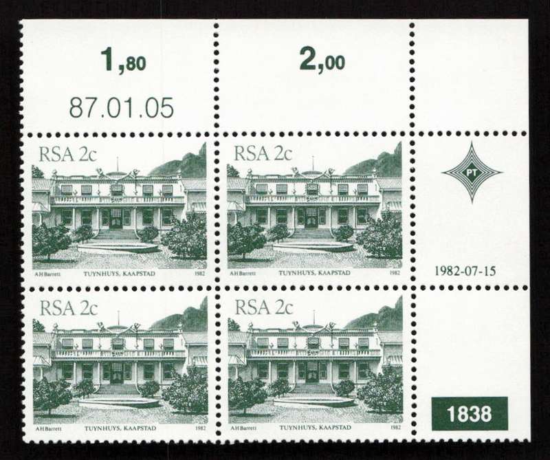 RSA 1987/01/05 4th Definitive Issue South African Architecture 2c Plate 1838
