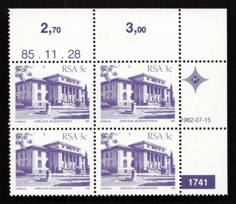 RSA 1985/11/28 4th Definitive Issue South African Architecture 3c Plate 1741