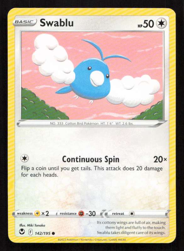2020 Pokemon/Nintendo/Creatures/Game Freak SWSH12: Silver Tempest #142/195 Swablu
