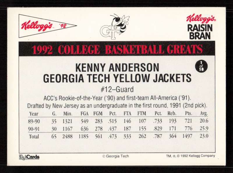 1992 Kellogg's Raisin Bran College Basketball Greats #1 Kenny Anderson