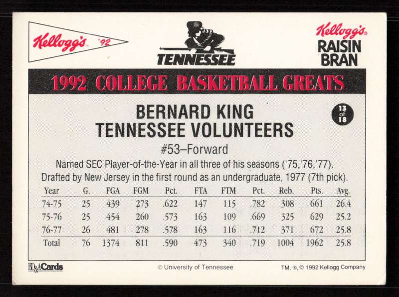 1992 Kellogg's Raisin Bran College Basketball Greats #13 Bernard King